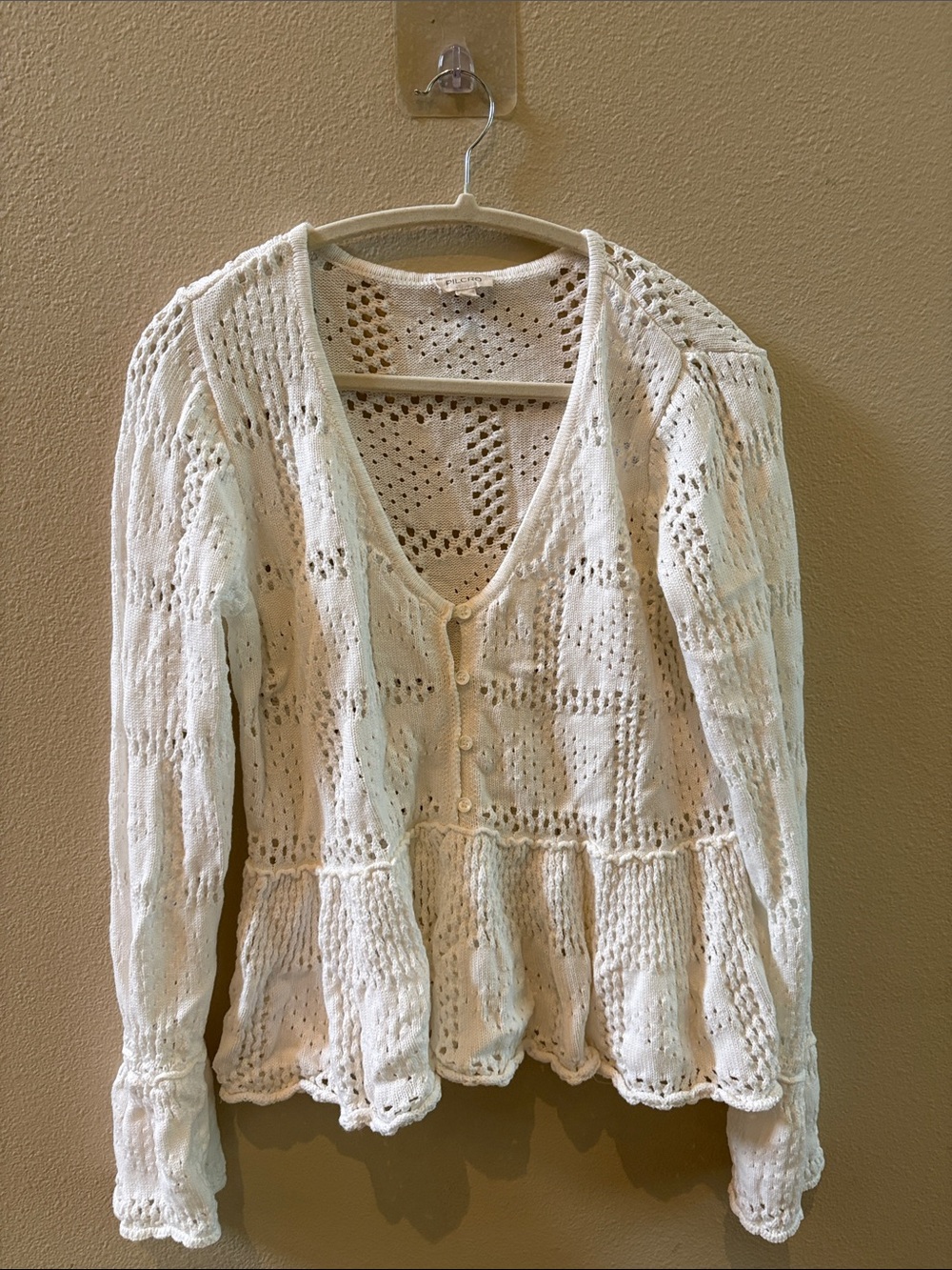Anthropologie Cream Crochet Knit Peplum Cardigan